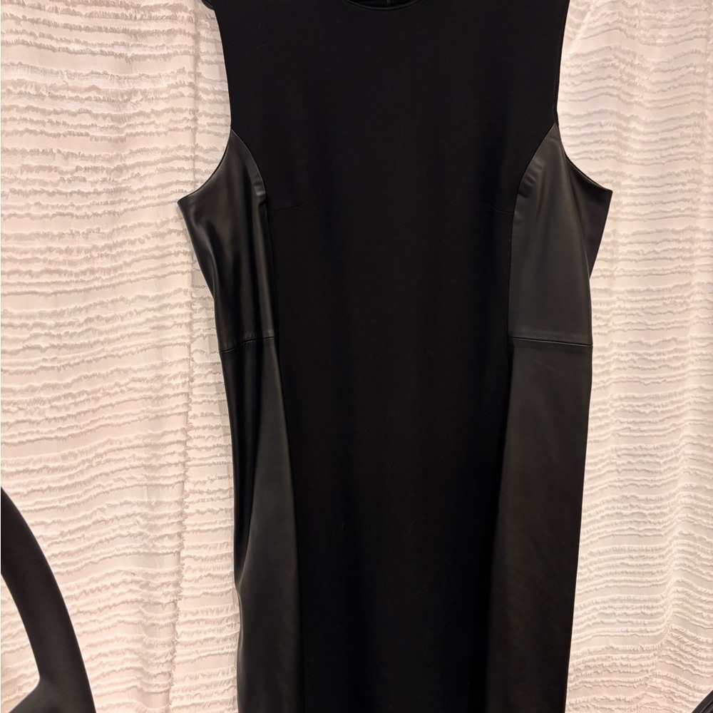Hilary Radley Black Midi Dress with Vegan Leather Accents